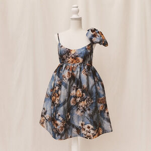 Storia Floral Jacquard Mini Dress S One Shoulder Bow Fit & Flare NWT Cottagecore